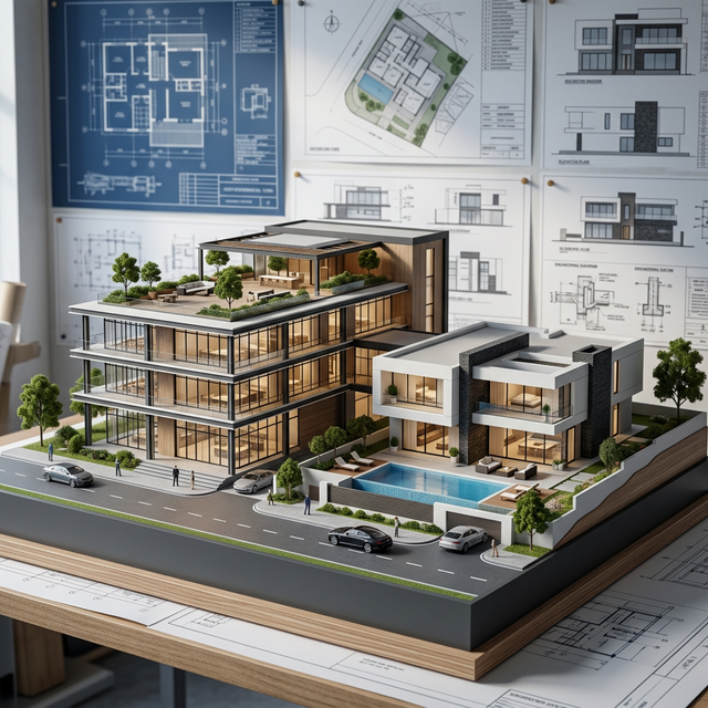 مخطط هندسي ونموذج معماري ثلاثي الأبعاد لفيلا فاخرة